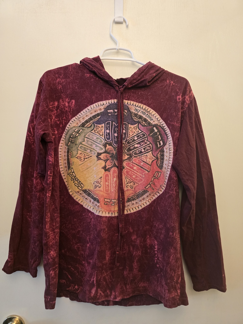 Tie-Dye Maroon Boho Hoodie with Circular Mandala Print - Picture 1 of 2
